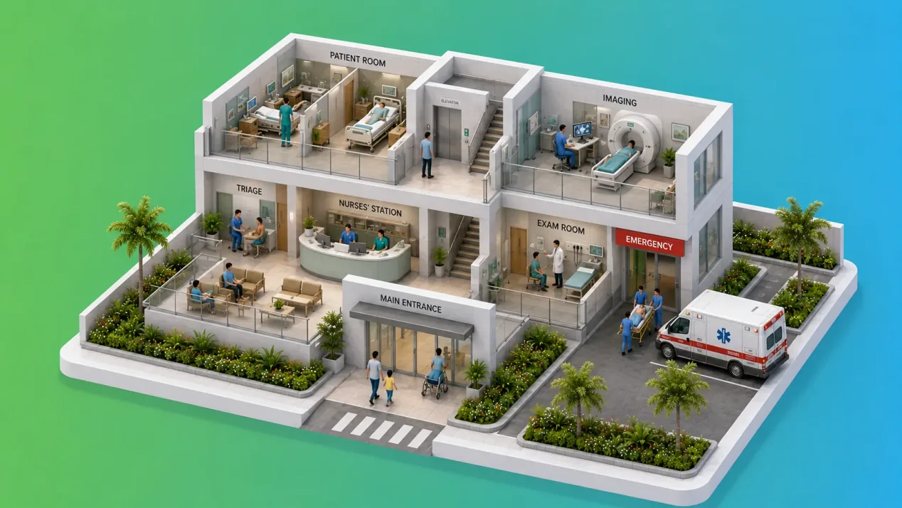 Hospital em vista isométrica em corte, com recepção, triagem, posto de enfermagem, quartos, imagem e emergência