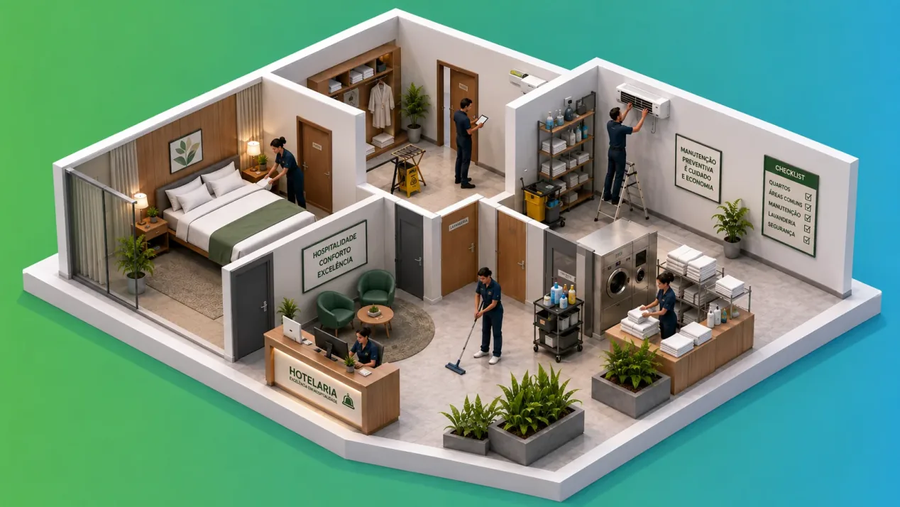 Hotel em vista isométrica em corte, com quarto, recepção, lavanderia e manutenção de ar-condicionado