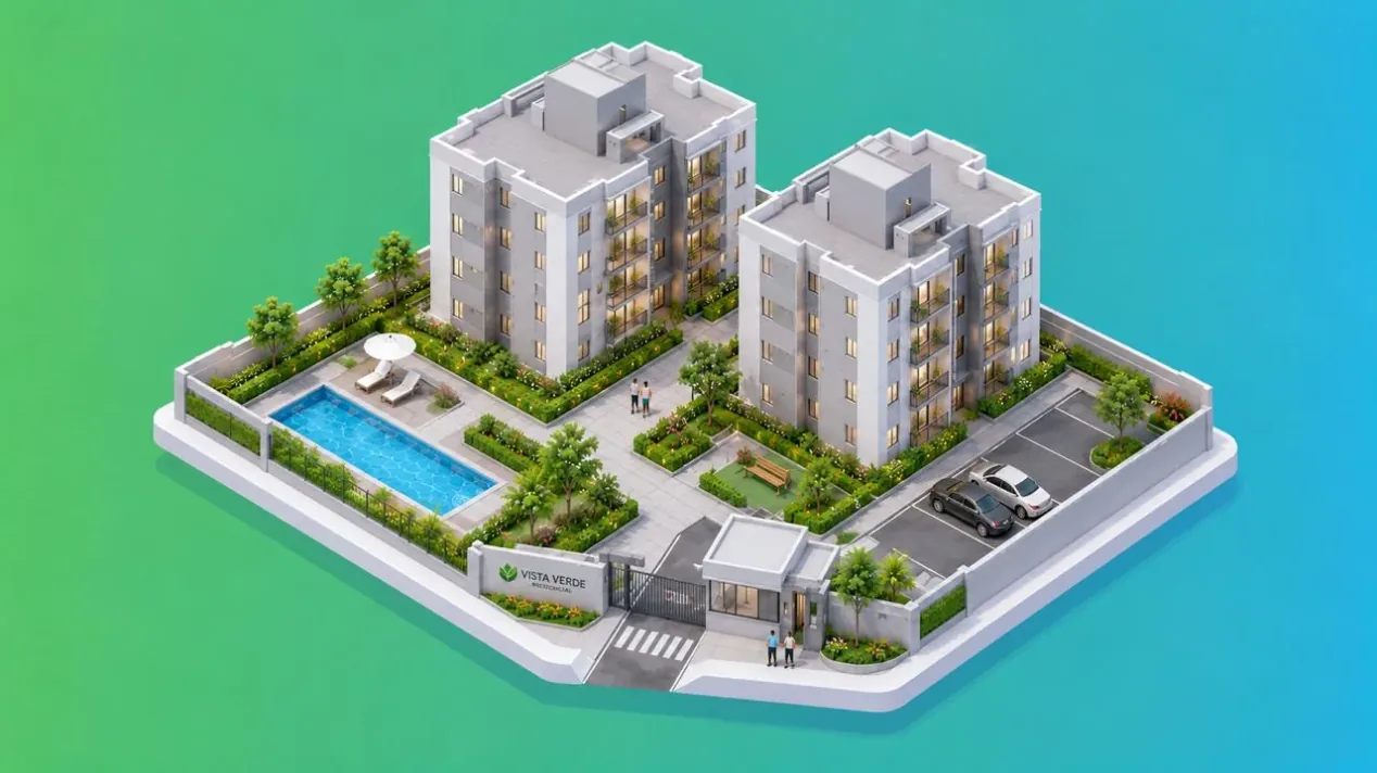 Condomínio residencial em vista isométrica, com piscina, jardins e estacionamento