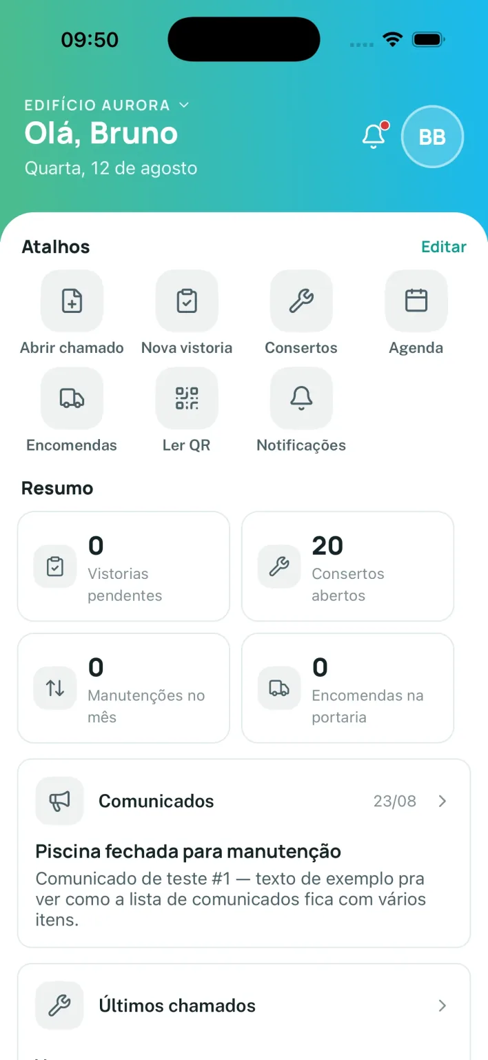 Tela inicial do app WeCheck — atalhos para abrir chamado, nova vistoria, consertos e agenda, resumo de vistorias pendentes, consertos abertos e encomendas, e comunicados do condomínio