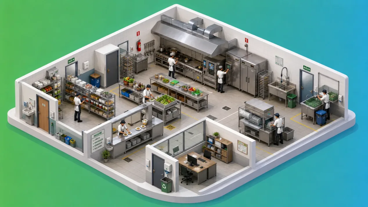 Cozinha industrial em vista isométrica, com câmara fria, bancadas de preparo, fogões e balcão de distribuição