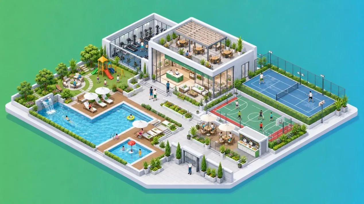 Clube esportivo em vista isométrica, com piscinas, academia, quadras e área de convivência